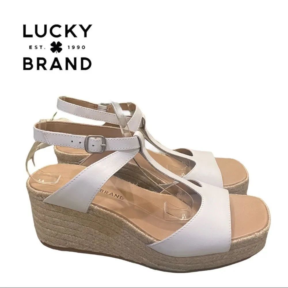 NEW Lucky Brand Women's Valki White Leather Espadrille Wedge Sandals 9.5